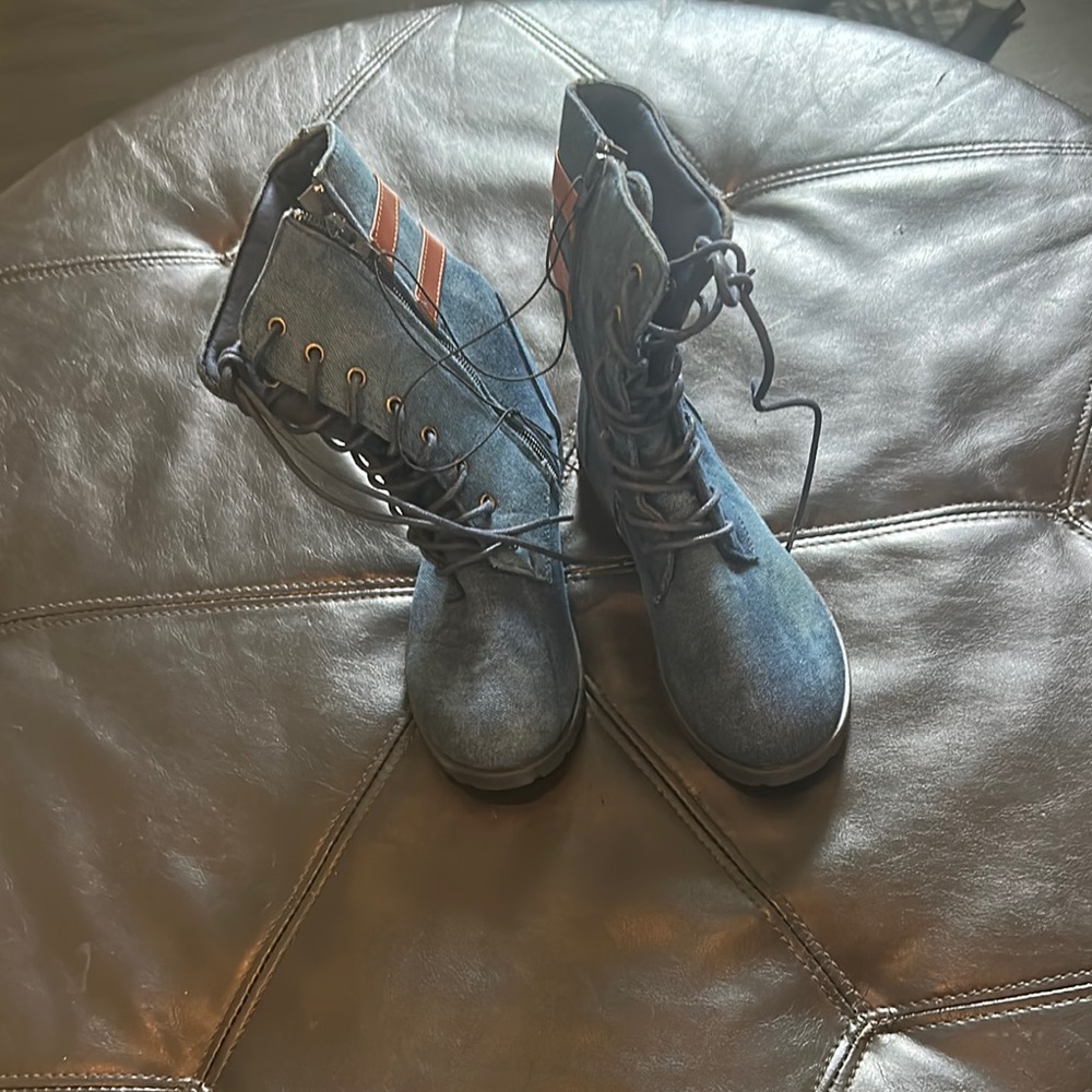 Blue Lace-Up Boots with Brown Accents